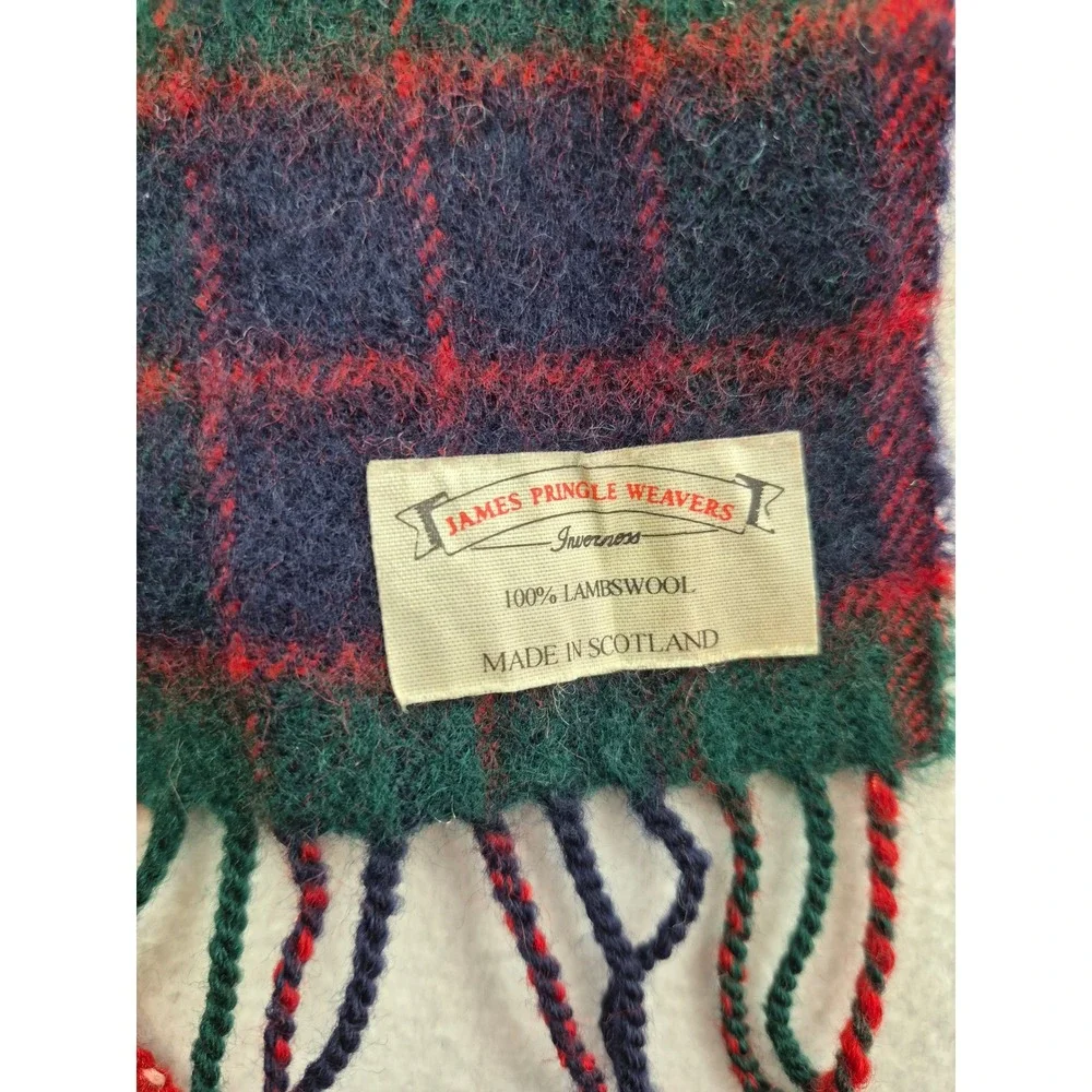 James Pringle Weavers Red Green Plaid 100% Lambswool Scarf Scotland Fringed